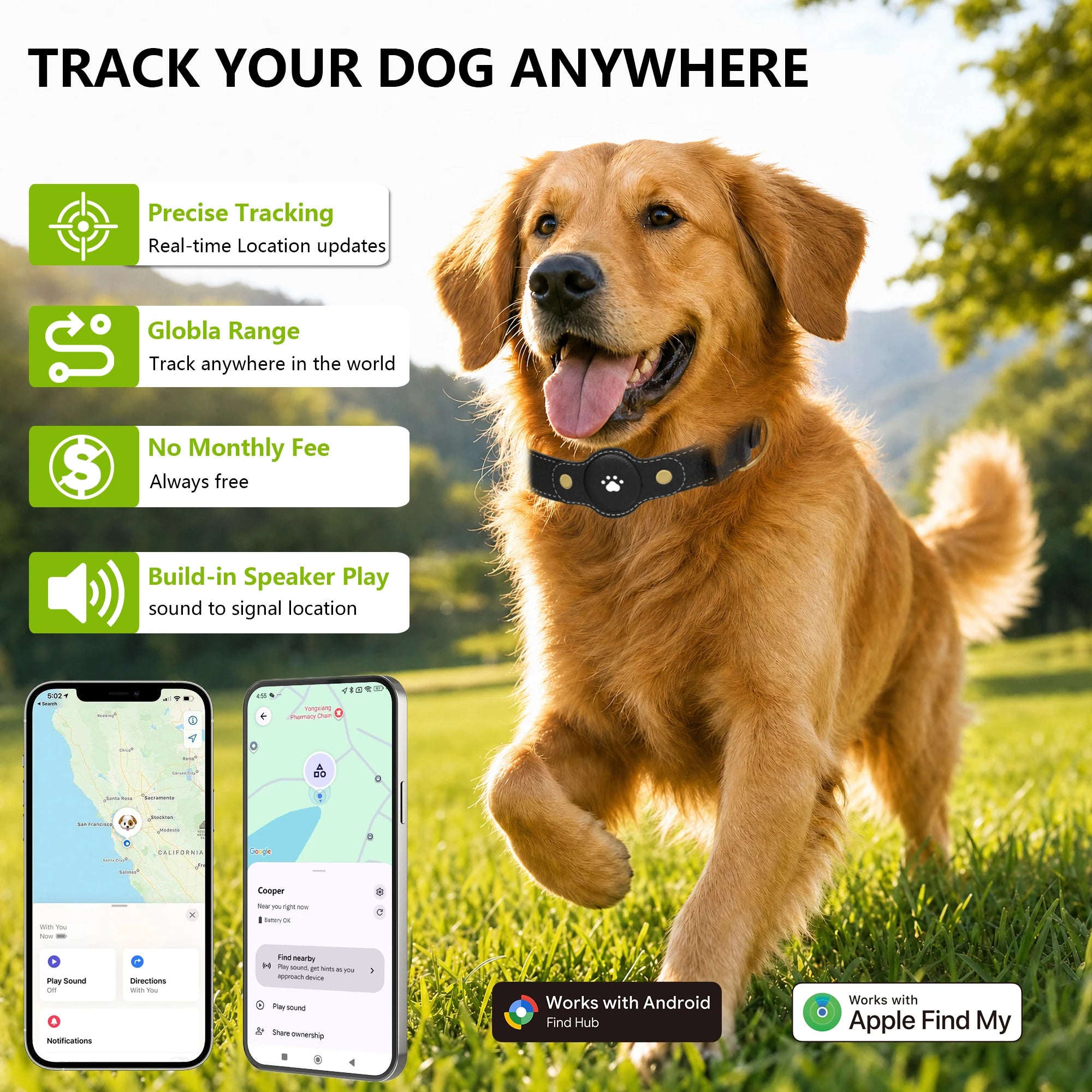 GPS Tracker Dog Collar(Tracker Included) Smart Pet Collar with Real-Time Tracking,No Monthly Fee/Subscription Waterproof Leather
