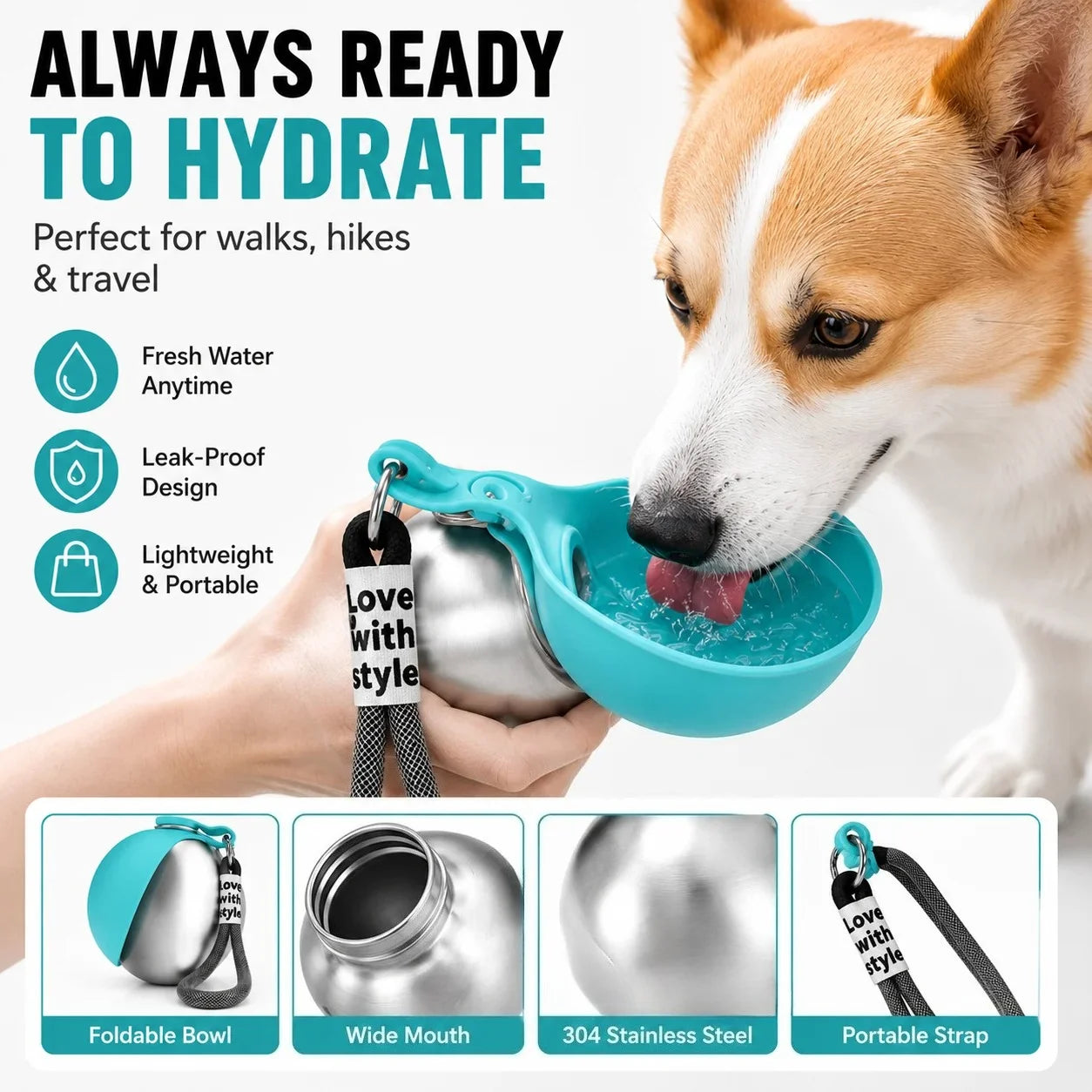 Stainless Steel Dog Water Bottle with Silicone Bowl Leak Proof Pet Drinking Bottle for Dogs Cats Walking Hiking Travel Use