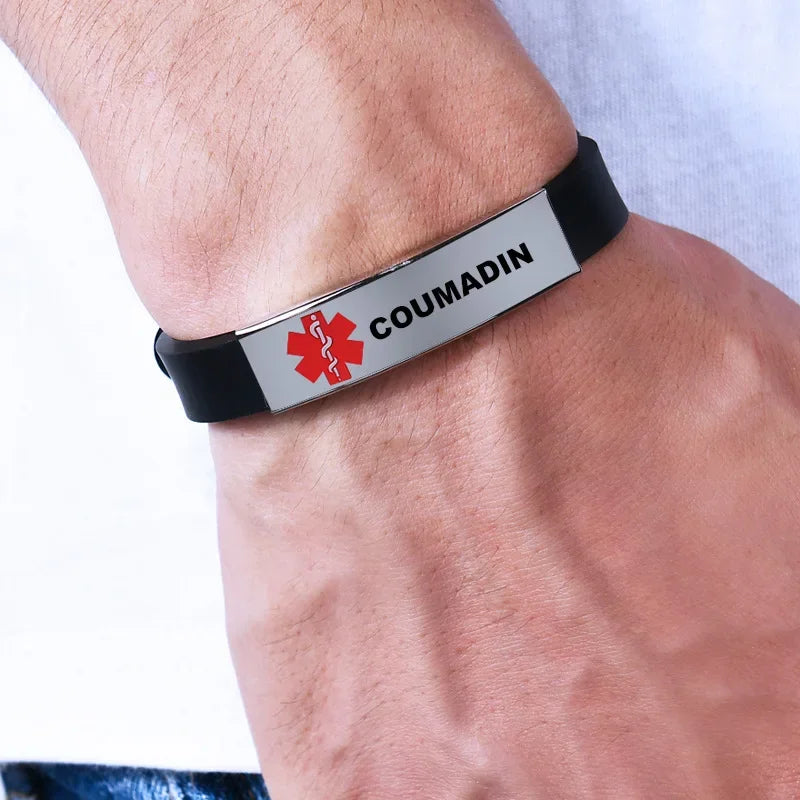 Diabetic Medical Alert ID Bangles Adjustable Silicone Band Bracelets for Men Woman Kids SOS Jewelry 8.3Inch