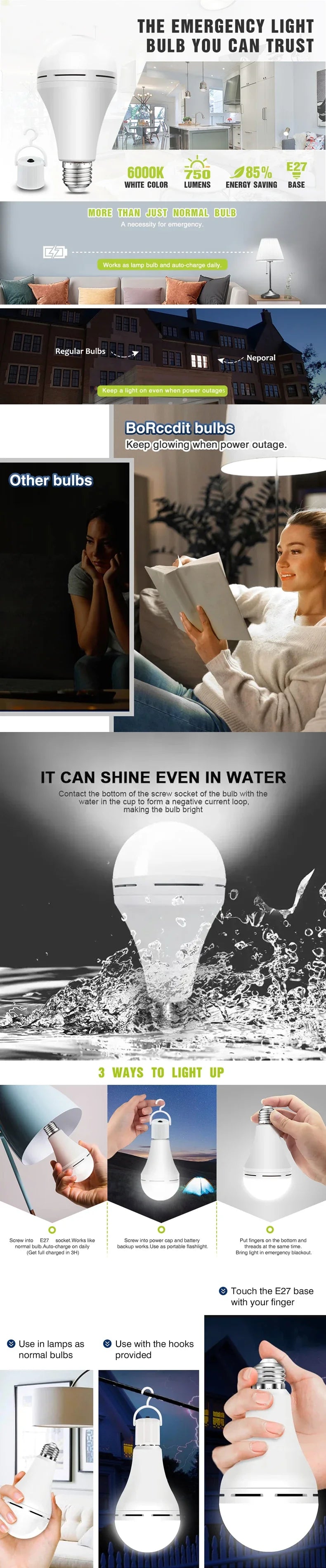 LED Rechargeable Light Bulb 7w 9w 12w 15w 85-265V Emergency Bulb Portable Hanging Camping Lamp for Tent Home Power Failure Porch