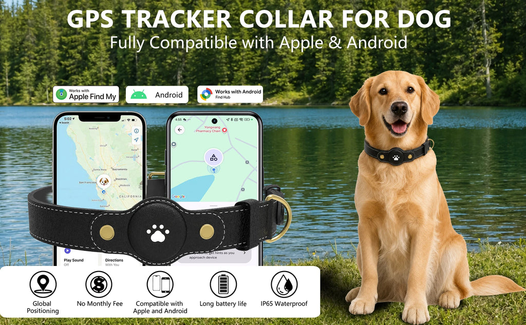 GPS Tracker Dog Collar(Tracker Included) Smart Pet Collar with Real-Time Tracking,No Monthly Fee/Subscription Waterproof Leather
