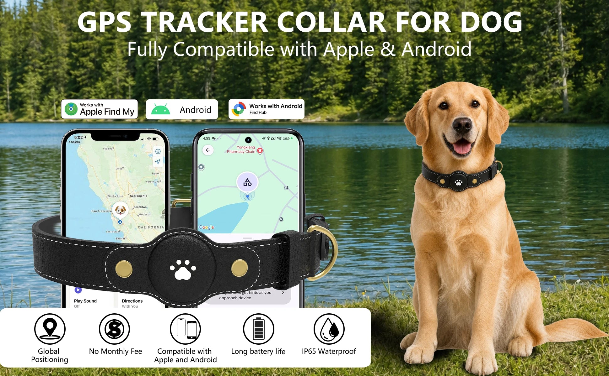 GPS Tracker Dog Collar(Tracker Included) Smart Pet Collar with Real-Time Tracking,No Monthly Fee/Subscription Waterproof Leather