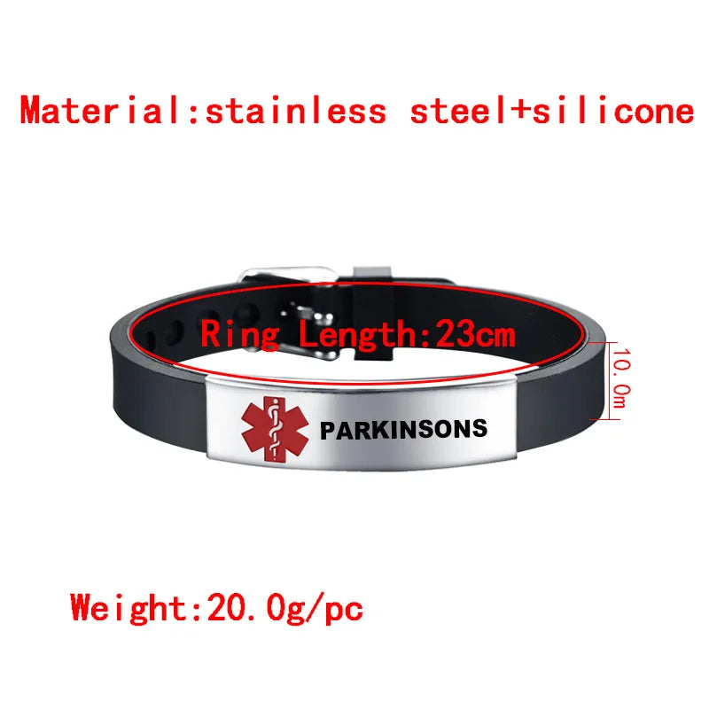 Diabetic Medical Alert ID Bangles Adjustable Silicone Band Bracelets for Men Woman Kids SOS Jewelry 8.3Inch