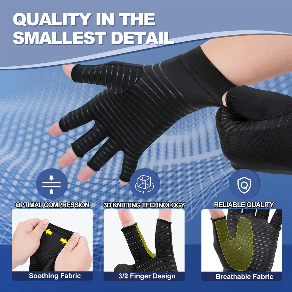 1Pair Copper Compression Gloves for Arthritis - Open Finger- For Men & Women, Hand Support for Typing & Daily Wear