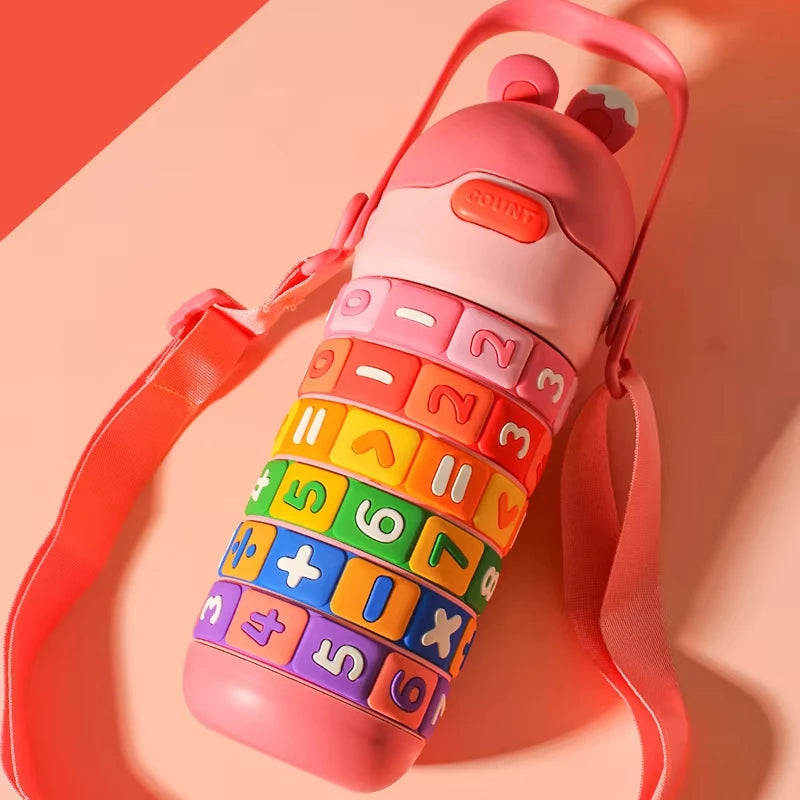 Children's Math Toy Stainless Steel Water Bottle Cute Thermo Stainless Steel Water Bottle with Strap and Straw