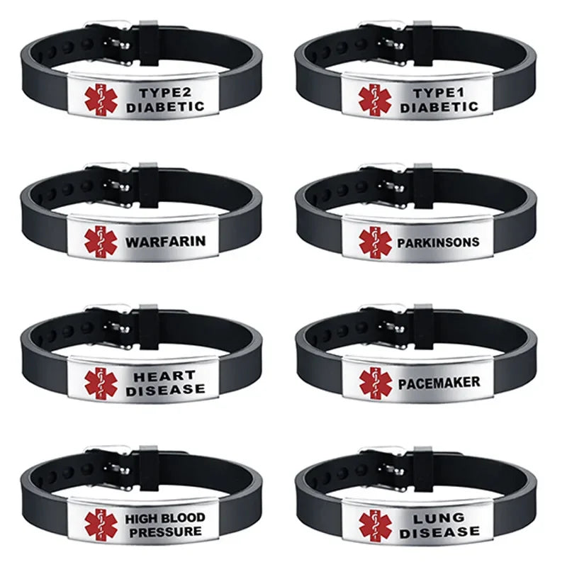 Diabetic Medical Alert ID Bangles Adjustable Silicone Band Bracelets for Men Woman Kids SOS Jewelry 8.3Inch