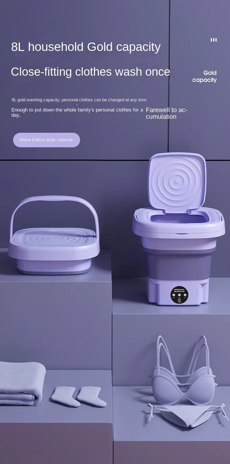 High Capacity 8L Foldable Portable Washing Machine Spin Dryer Lightweight Household Mini Washer for Intimates Socks Panties