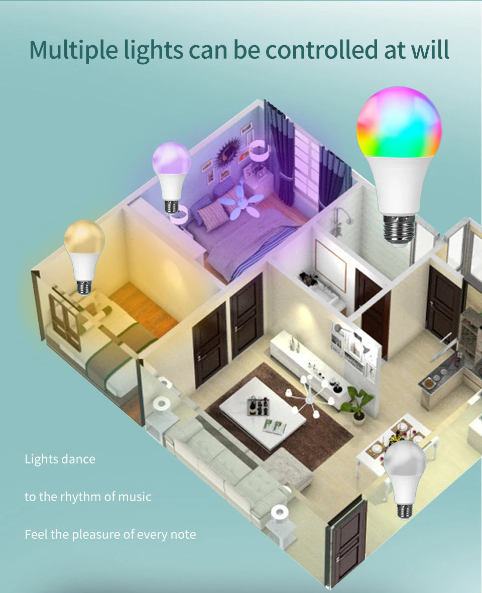 Tuya Smart Led Bulb E27 220V Smart Light Dimable Bluetooth RGB Lamp APP Control for Bedroom Room Decoration Party Lights