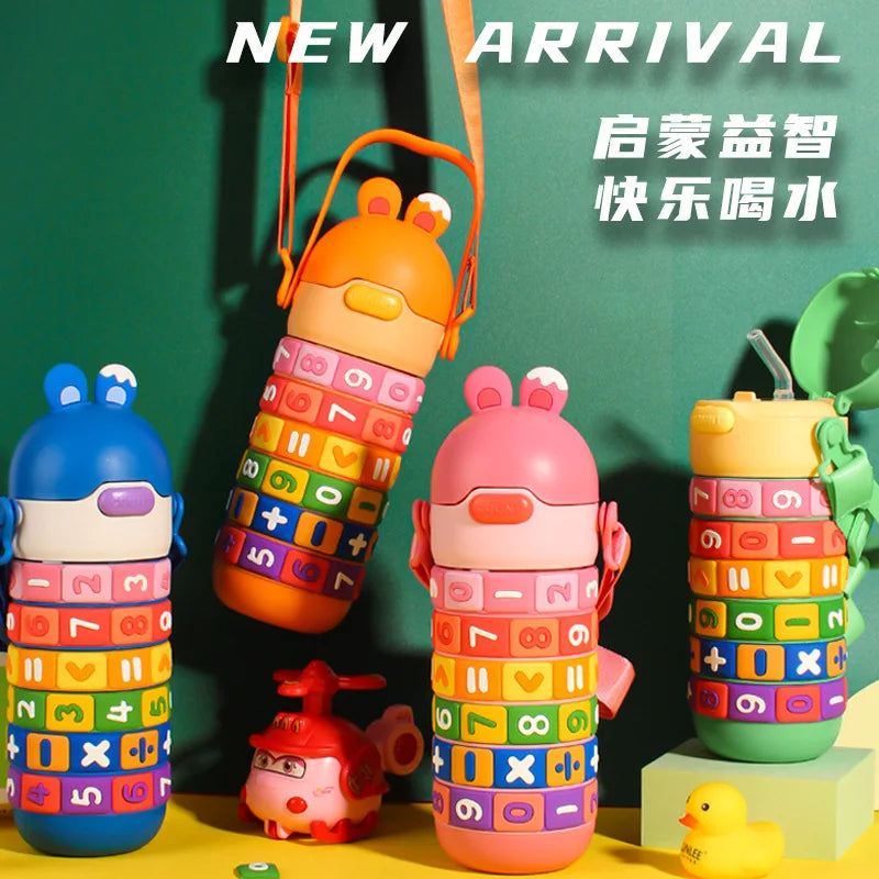 Children's Math Toy Stainless Steel Water Bottle Cute Thermo Stainless Steel Water Bottle with Strap and Straw
