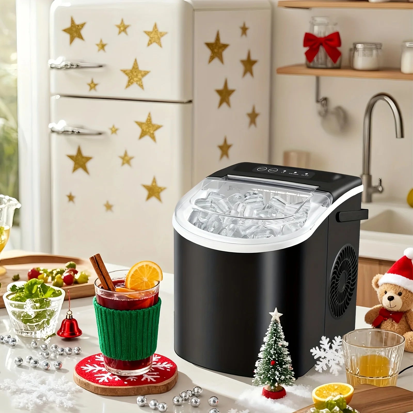 Countertop Ice Maker with Handle,Produces 26 Pounds of Ice Within 24 Hours,Mak 9 Ice Cubes in 6 Minutes.Portable Maker Comes