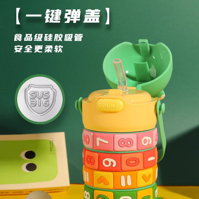 Children's Math Toy Stainless Steel Water Bottle Cute Thermo Stainless Steel Water Bottle with Strap and Straw