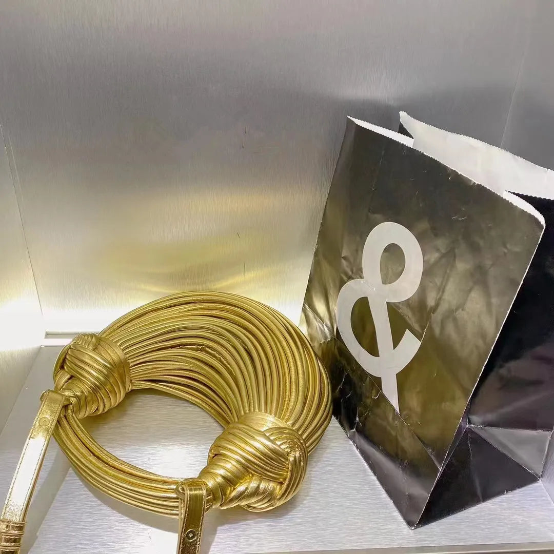 Handbags for Women 2025 New in Gold Luxury Designer Brand Handwoven Noodle Bags Rope Knotted Pulled Hobo Silver Evening Clutch
