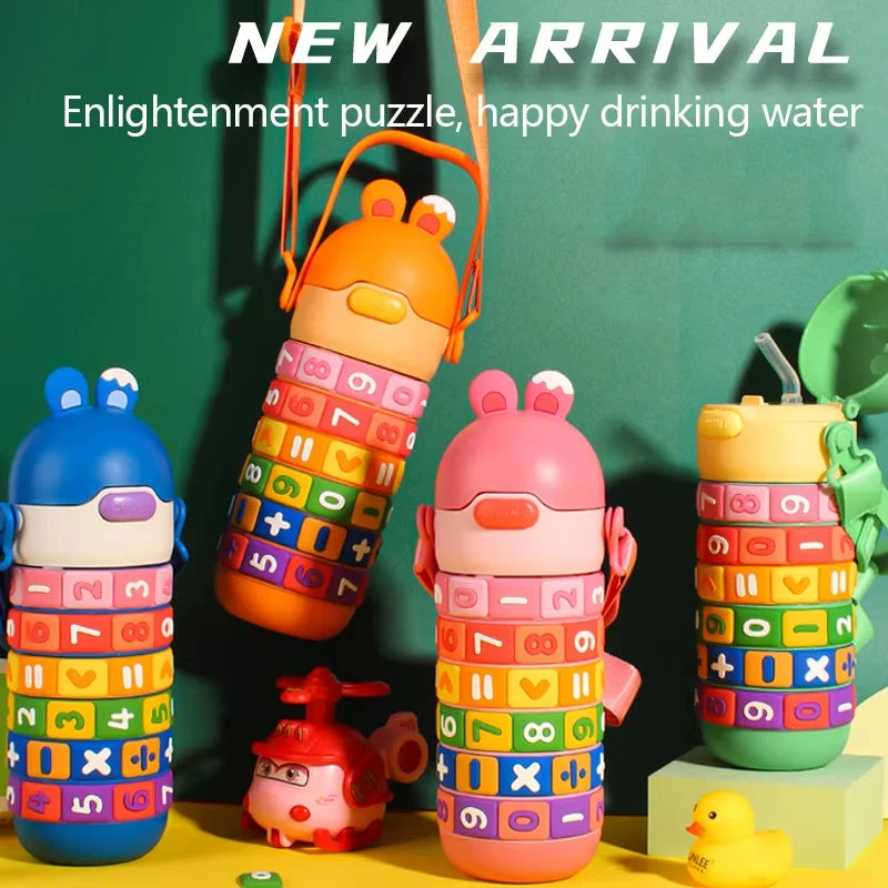 Children's Math Toy Stainless Steel Water Bottle Cute Thermo Stainless Steel Water Bottle with Strap and Straw