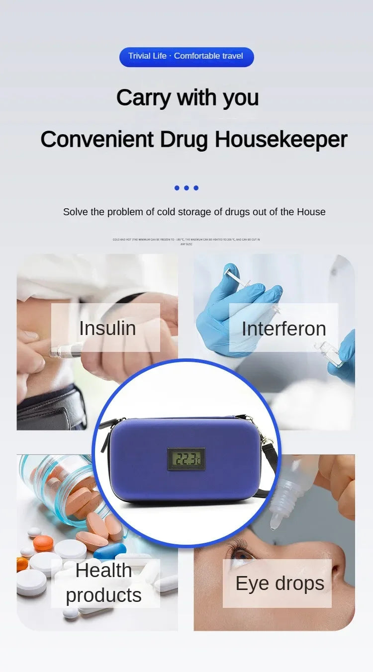 Insulin Cooler Travel Case Mini Insulin Cooler Bag Heat Insulation Temperature Display Medicine Diabetic Supplies Travel Case