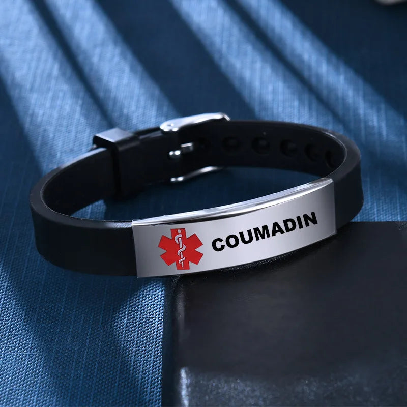 Diabetic Medical Alert ID Bangles Adjustable Silicone Band Bracelets for Men Woman Kids SOS Jewelry 8.3Inch
