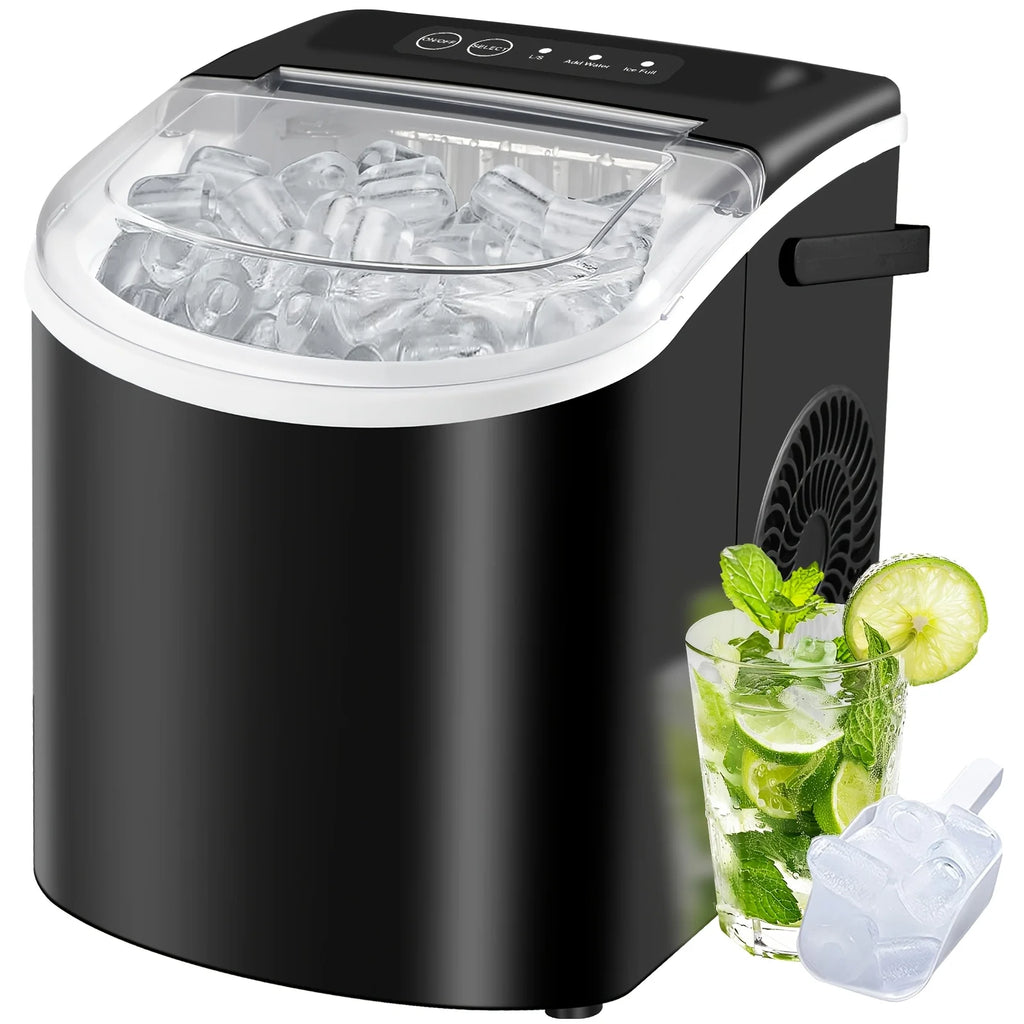 Countertop Ice Maker with Handle,Produces 26 Pounds of Ice Within 24 Hours,Mak 9 Ice Cubes in 6 Minutes.Portable Maker Comes