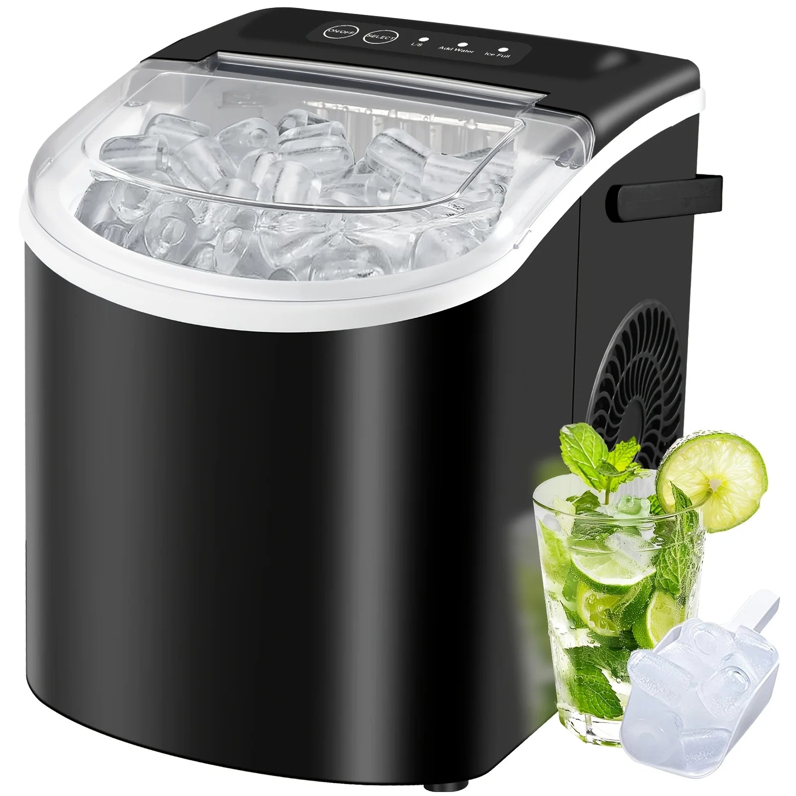 Countertop Ice Maker with Handle,Produces 26 Pounds of Ice Within 24 Hours,Mak 9 Ice Cubes in 6 Minutes.Portable Maker Comes