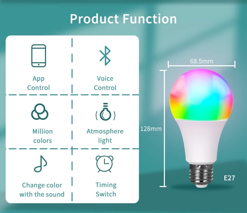 Tuya Smart Led Bulb E27 220V Smart Light Dimable Bluetooth RGB Lamp APP Control for Bedroom Room Decoration Party Lights