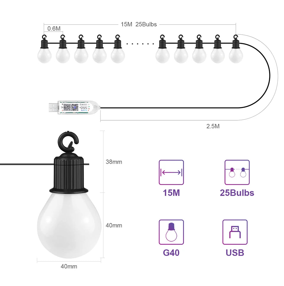 Smart WIFI/Bluetooth G40 LED Bulb String Light 25/50 Bulbs Christmas USB Fairy Lights Room Outdoor Garden Decor LED Garland Lamp