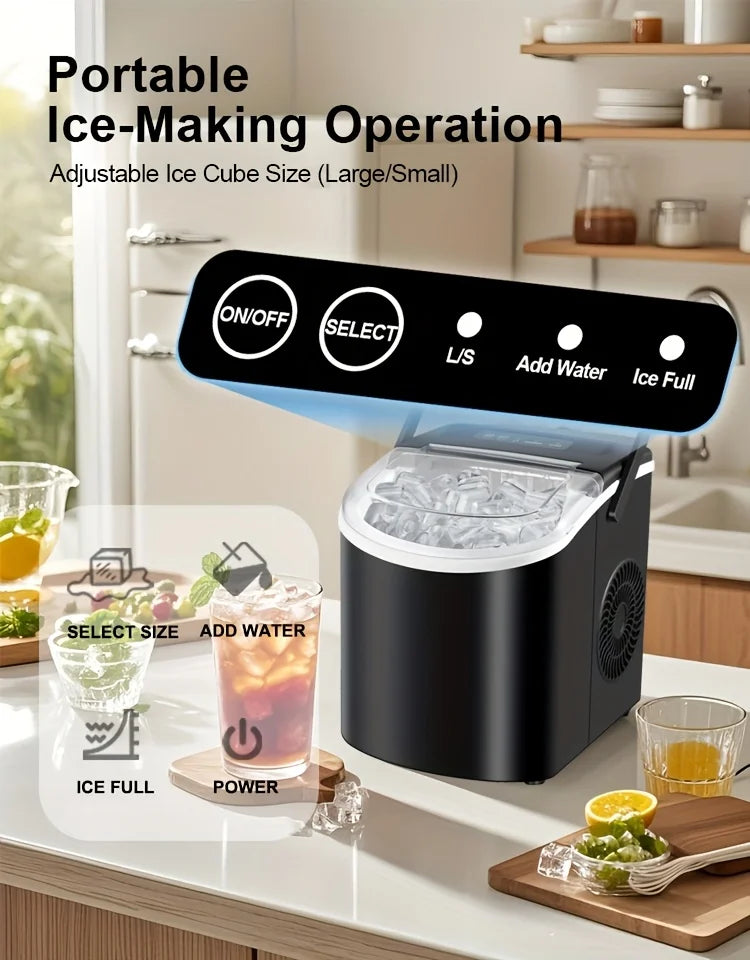 Countertop Ice Maker with Handle,Produces 26 Pounds of Ice Within 24 Hours,Mak 9 Ice Cubes in 6 Minutes.Portable Maker Comes