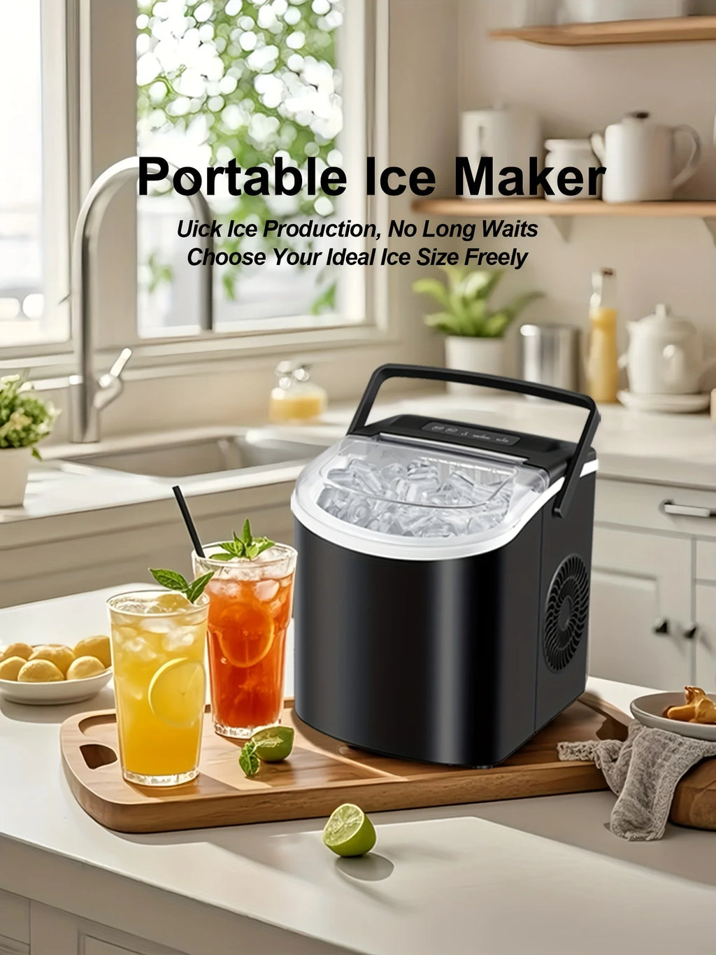 Countertop Ice Maker with Handle,Produces 26 Pounds of Ice Within 24 Hours,Mak 9 Ice Cubes in 6 Minutes.Portable Maker Comes