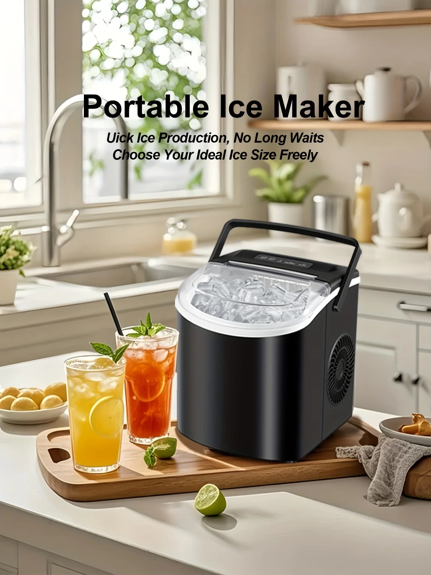 Countertop Ice Maker with Handle,Produces 26 Pounds of Ice Within 24 Hours,Mak 9 Ice Cubes in 6 Minutes.Portable Maker Comes