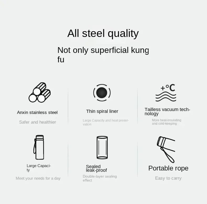 1L Portable Stainless Steel Thermal Bottle - Vacuum Insulated Thermos Keep Cold and Hot, for Water, Tea & Coffee Home Office Use