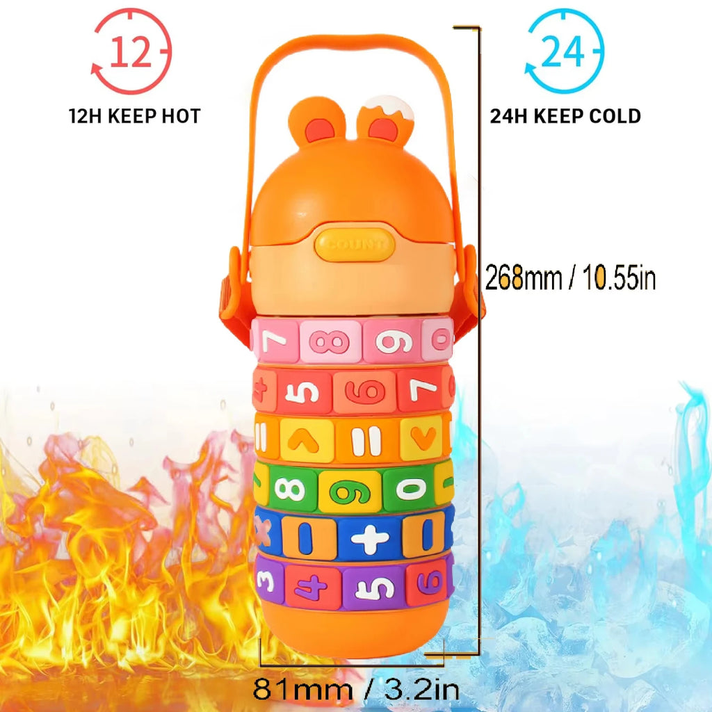 Children's Math Toy Stainless Steel Water Bottle Cute Thermo Stainless Steel Water Bottle with Strap and Straw