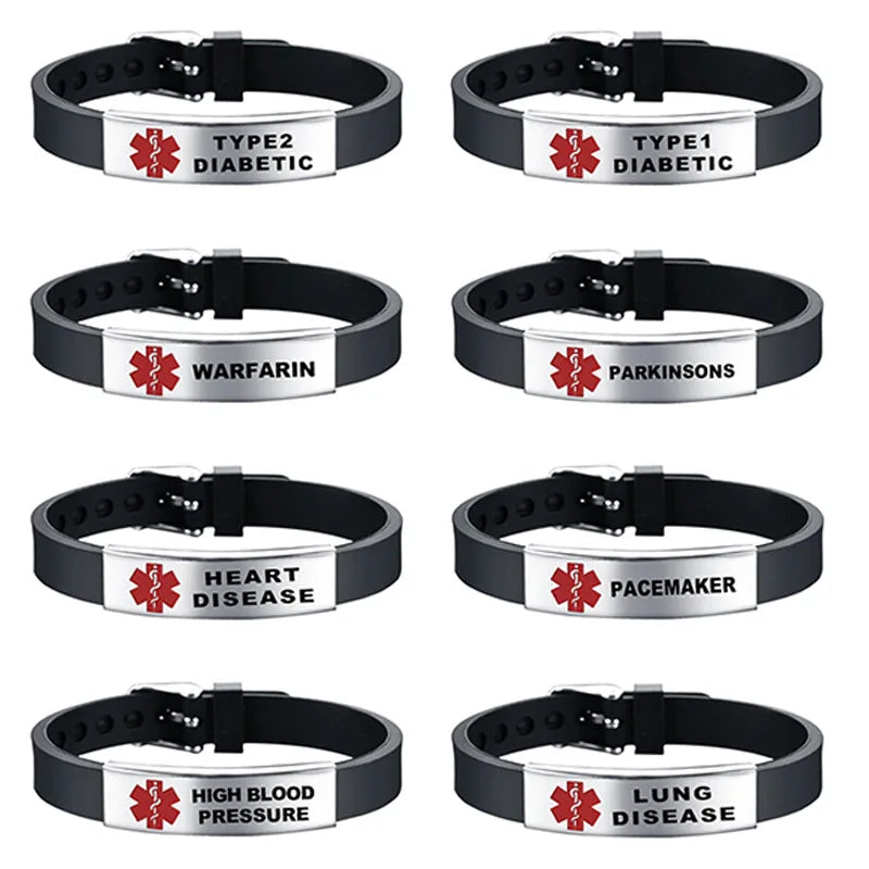 Diabetic Medical Alert ID Bangles Adjustable Silicone Band Bracelets for Men Woman Kids SOS Jewelry 8.3Inch