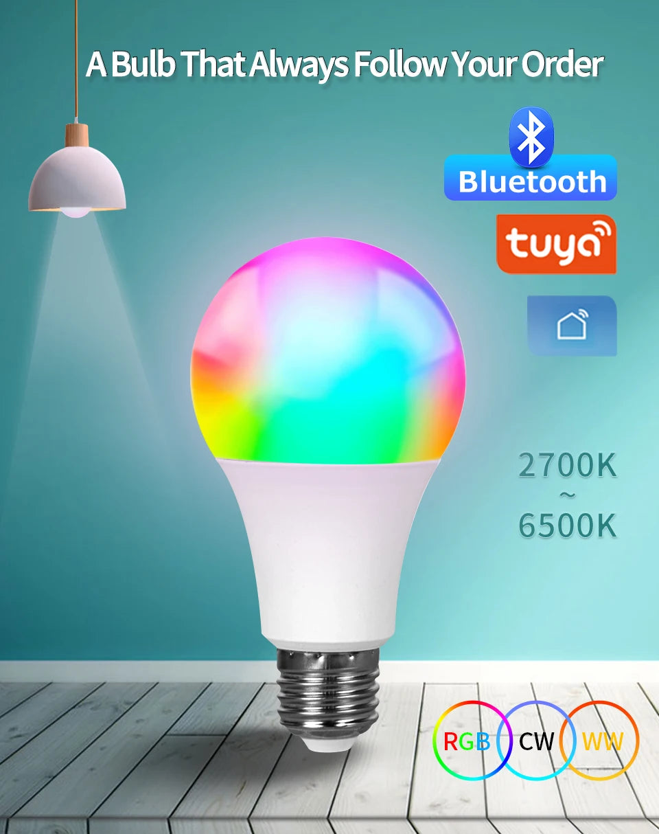 Tuya Smart Led Bulb E27 220V Smart Light Dimable Bluetooth RGB Lamp APP Control for Bedroom Room Decoration Party Lights