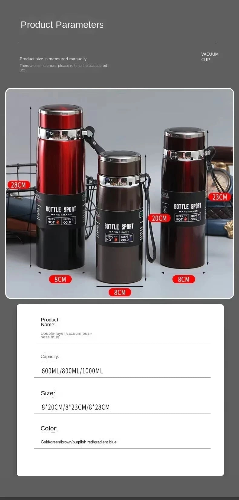 1L Portable Stainless Steel Thermal Bottle - Vacuum Insulated Thermos Keep Cold and Hot, for Water, Tea & Coffee Home Office Use