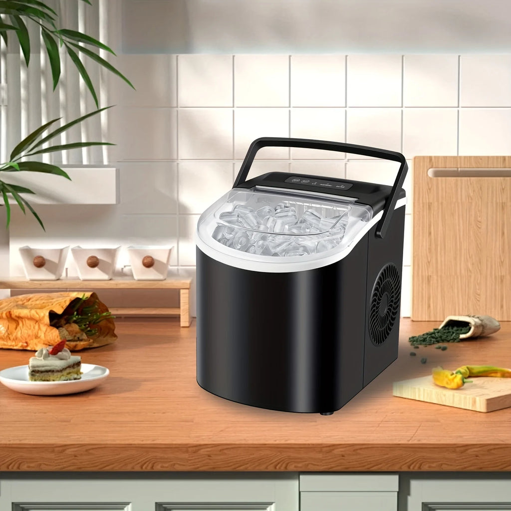 Countertop Ice Maker with Handle,Produces 26 Pounds of Ice Within 24 Hours,Mak 9 Ice Cubes in 6 Minutes.Portable Maker Comes
