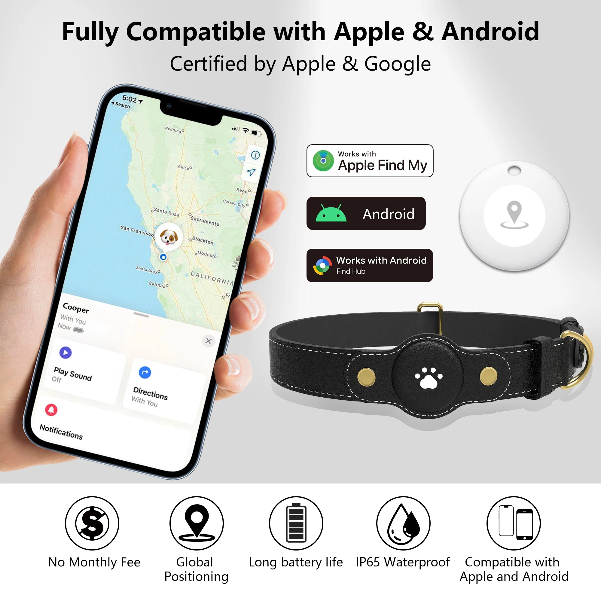 GPS Tracker Dog Collar(Tracker Included) Smart Pet Collar with Real-Time Tracking,No Monthly Fee/Subscription Waterproof Leather