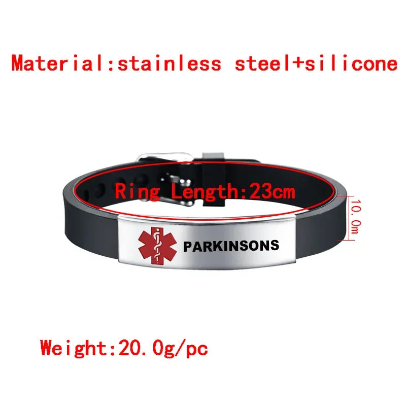 Diabetic Medical Alert ID Bangles Adjustable Silicone Band Bracelets for Men Woman Kids SOS Jewelry 8.3Inch