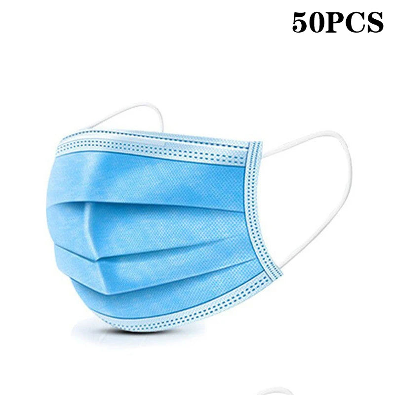 50Pcs 3-layer Mask Face Masks Melt Blown Cloth Disposable Safety Anti-Dust Protective Masks Blue Adults Non-wove Masque