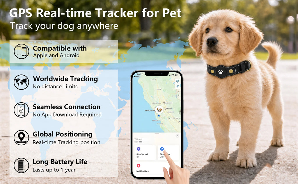 GPS Tracker Dog Collar(Tracker Included) Smart Pet Collar with Real-Time Tracking,No Monthly Fee/Subscription Waterproof Leather