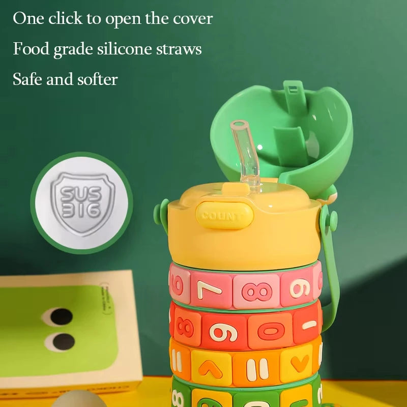 Children's Math Toy Stainless Steel Water Bottle Cute Thermo Stainless Steel Water Bottle with Strap and Straw