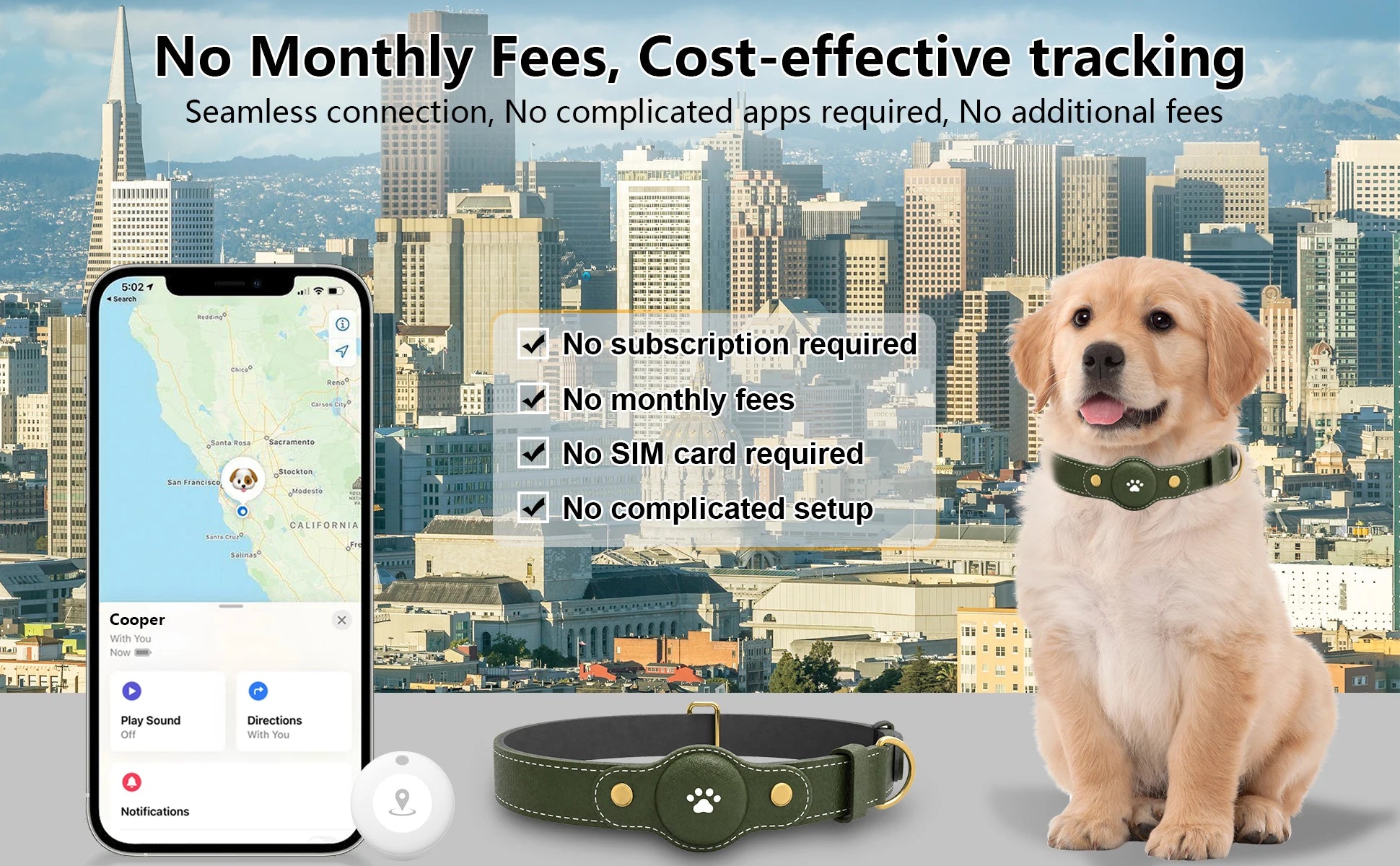 GPS Tracker Dog Collar(Tracker Included) Smart Pet Collar with Real-Time Tracking,No Monthly Fee/Subscription Waterproof Leather