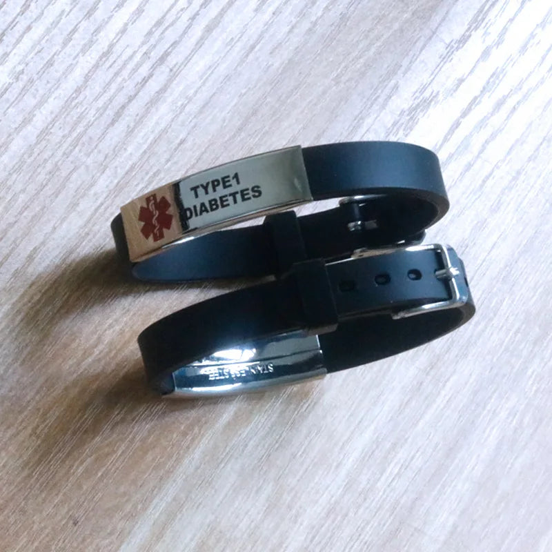 Diabetic Medical Alert ID Bangles Adjustable Silicone Band Bracelets for Men Woman Kids SOS Jewelry 8.3Inch