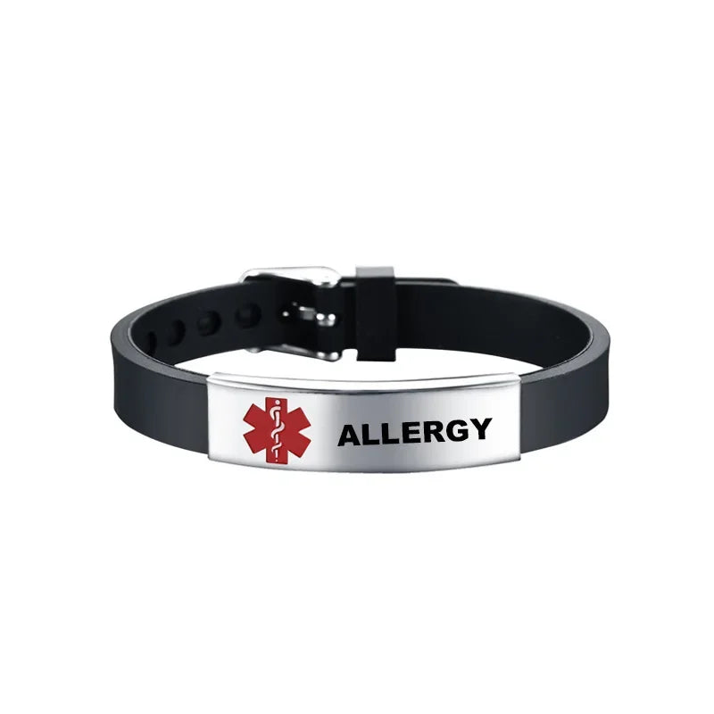 Diabetic Medical Alert ID Bangles Adjustable Silicone Band Bracelets for Men Woman Kids SOS Jewelry 8.3Inch