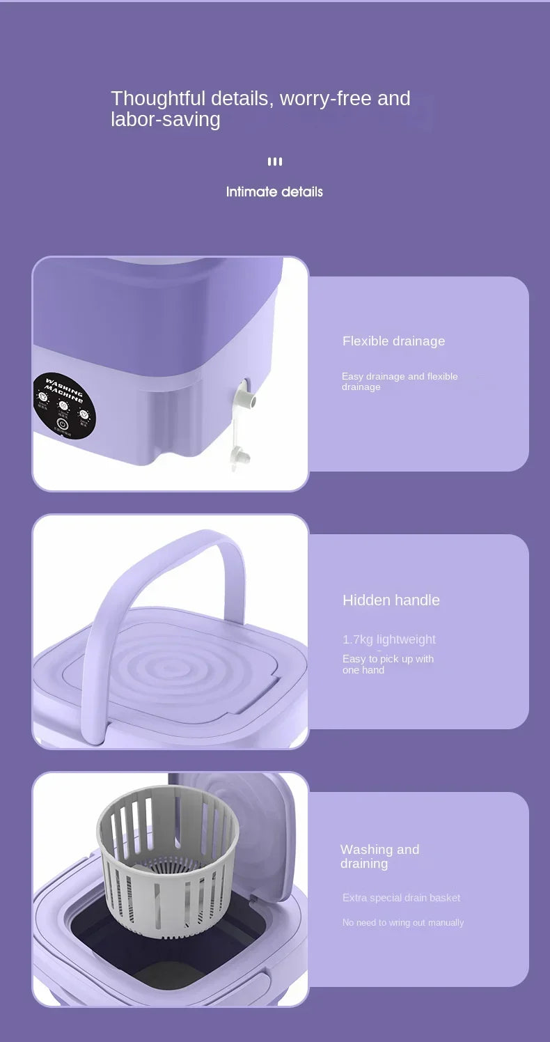 High Capacity 8L Foldable Portable Washing Machine Spin Dryer Lightweight Household Mini Washer for Intimates Socks Panties