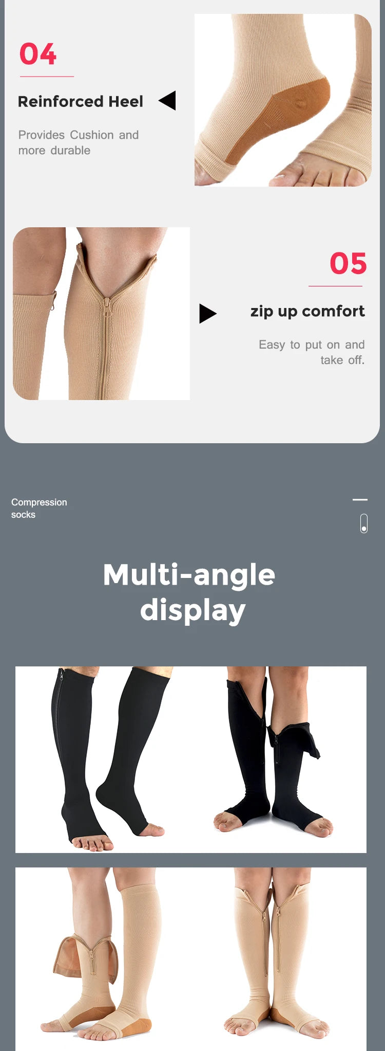 Compression Socks Men Women Support Knee Zipper Female Open Toe Thin Anti Fatigue Stretchy Sox High Socks Unisex